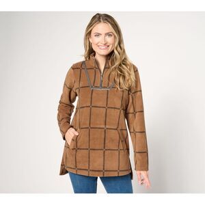 Susan Graver Women's Top Sz L Printed Fleece Pullover Tunic Brown A658673